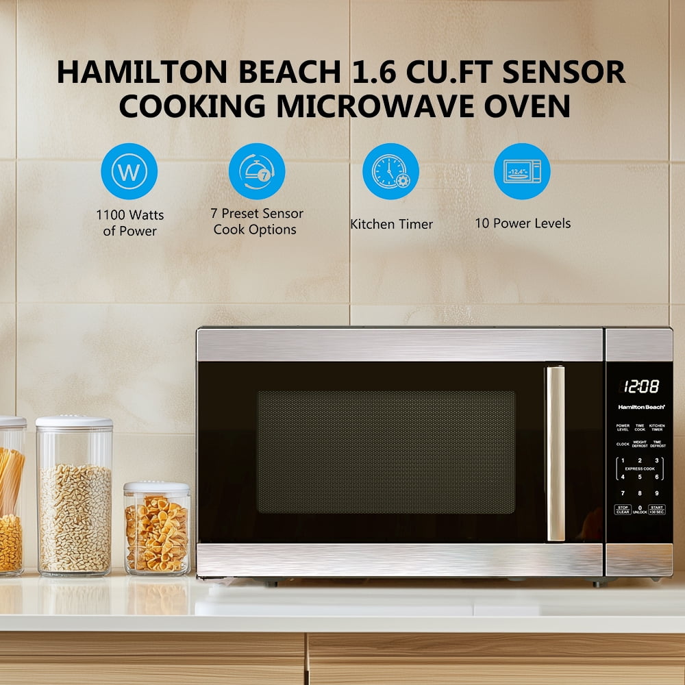 Hamilton Beach 1.6 Cu ft Sensor Cook Countertop Microwave Oven in Stainless Steel, New