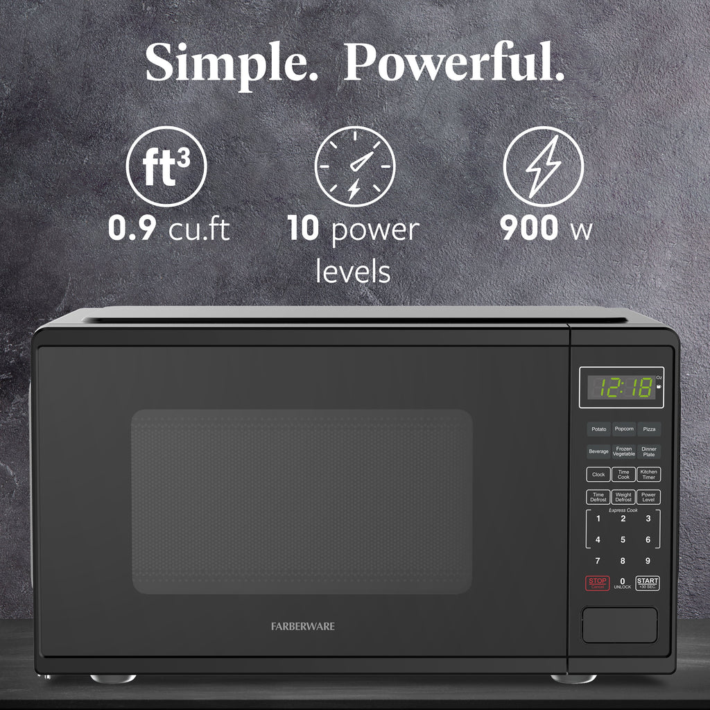 Farberware FMGZ09BKA 0.9 Cu. Ft. Microwave Oven, 900W, Digital Control, LED Display, 6 Cooking Presets, Black