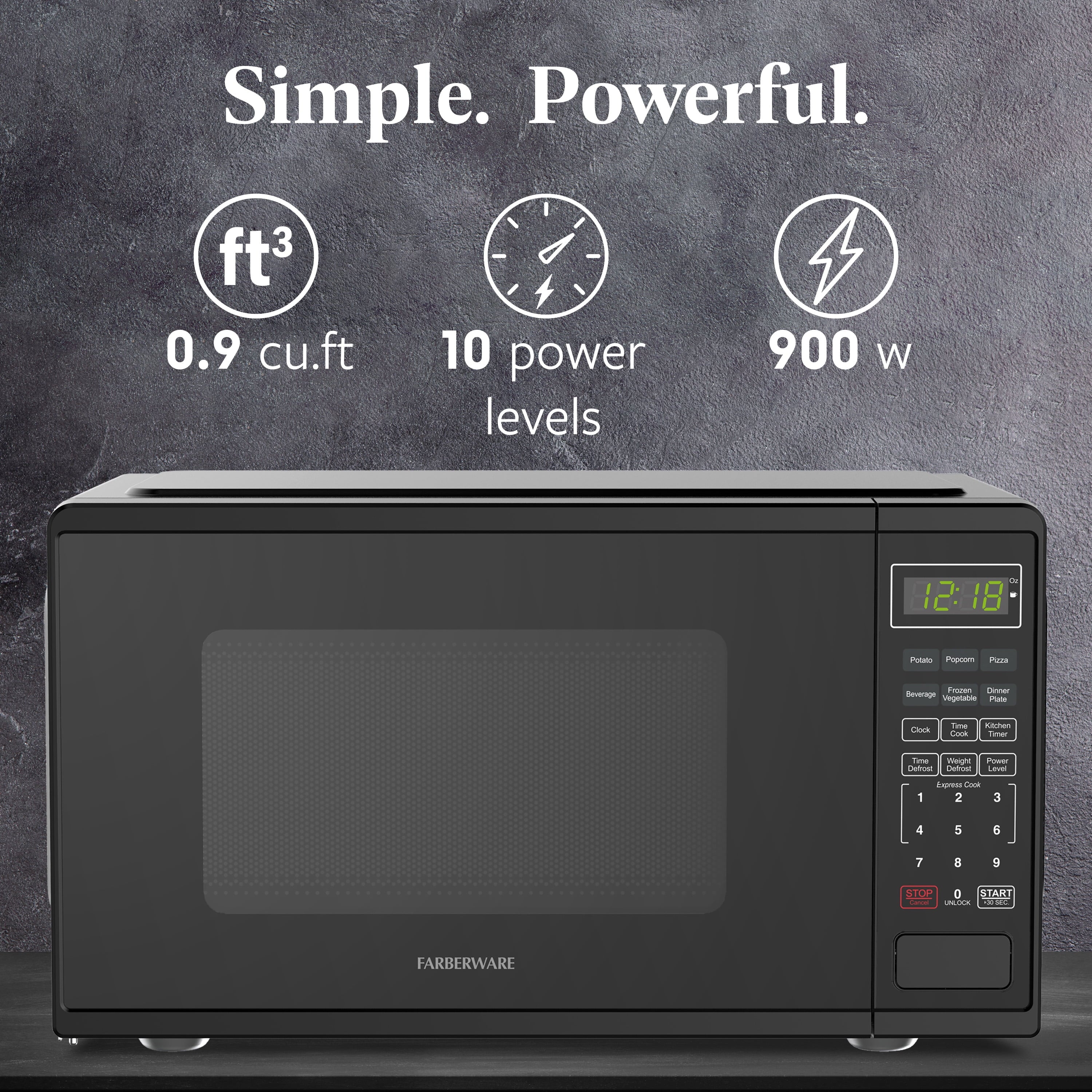 Farberware FMGZ09BKA 0.9 Cu. Ft. Microwave Oven, 900W, Digital Control, LED Display, 6 Cooking Presets, Black