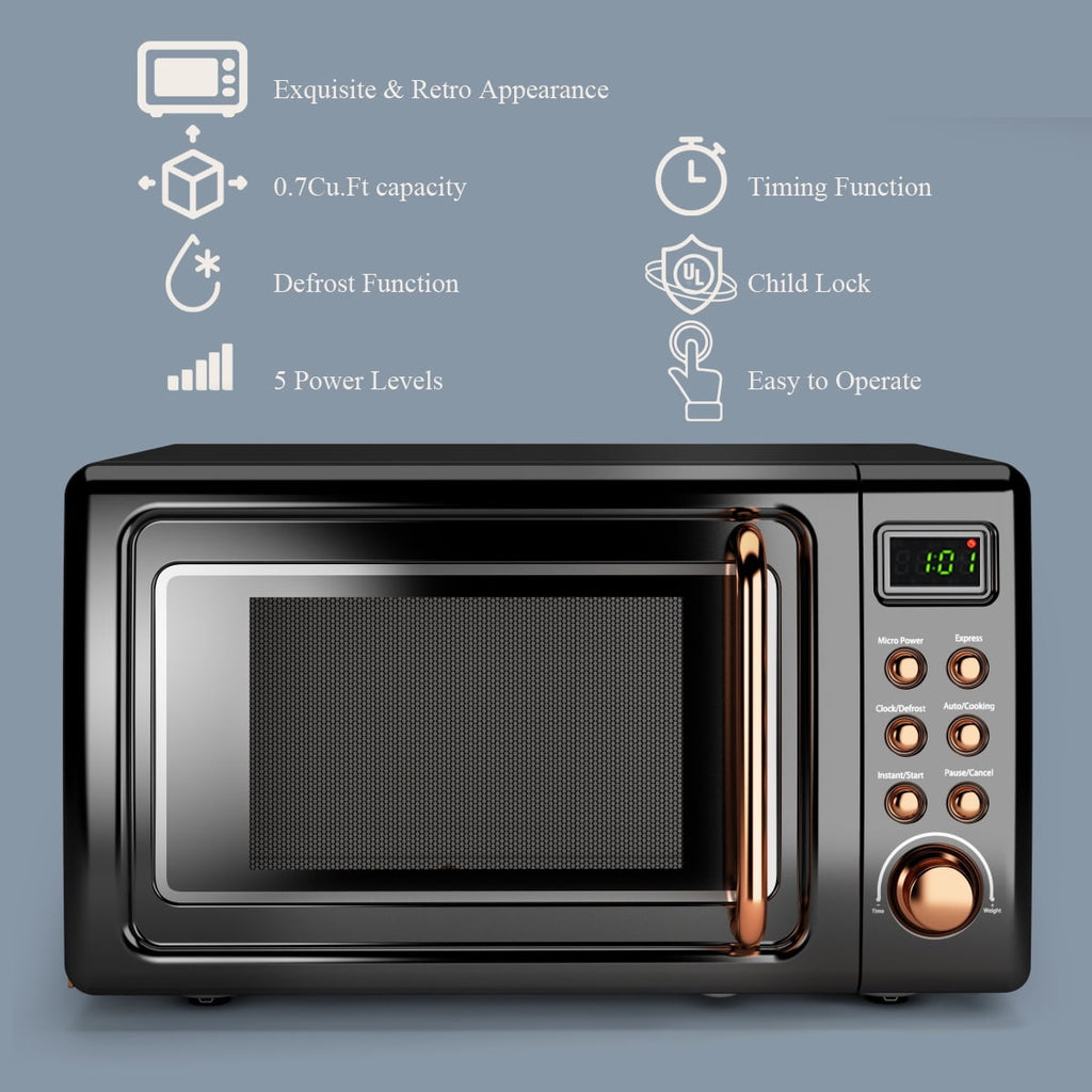 Costway 0.7Cu.ft Retro Countertop Microwave Oven 700W LED Display Glass Turntable Rose Gold