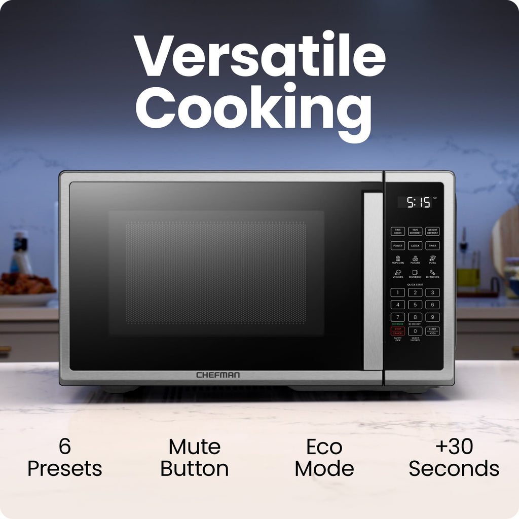 Chefman 0.9 Cu ft Countertop Microwave Oven, 900 Watts - Stainless Steel