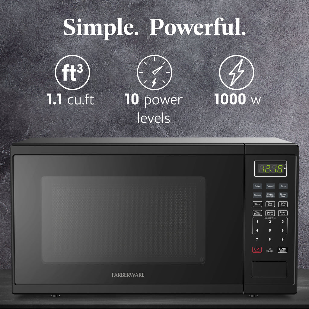 Farberware 1.1 Cu. Ft. 1000-Watt Microwave Oven – Digital Control, 10 Power Levels, One-Touch Cooking, Defrost, Child Safety Lock, Black