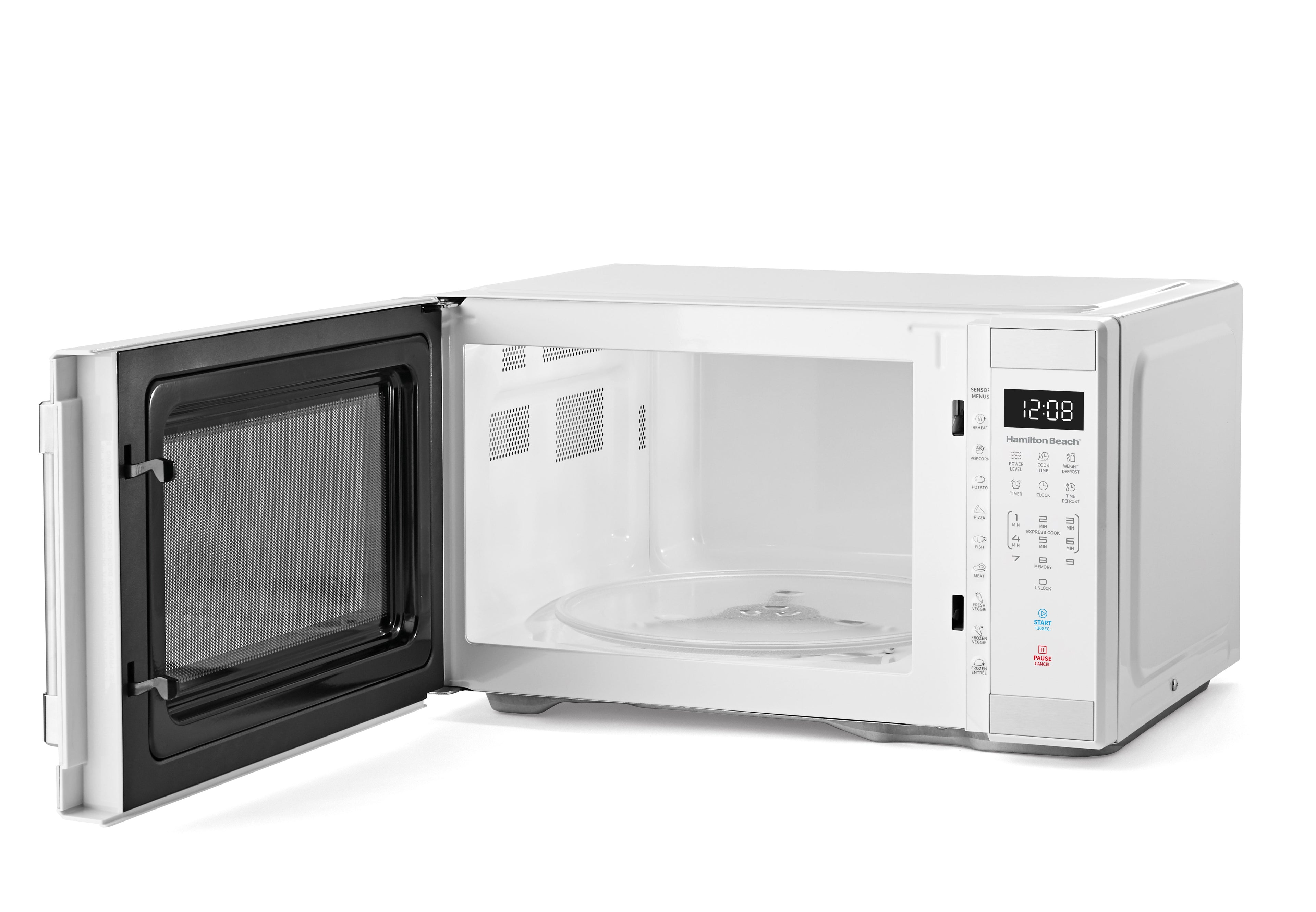 Hamilton Beach 1.1 Cu ft Countertop Microwave Oven, White and Stainless Steel
