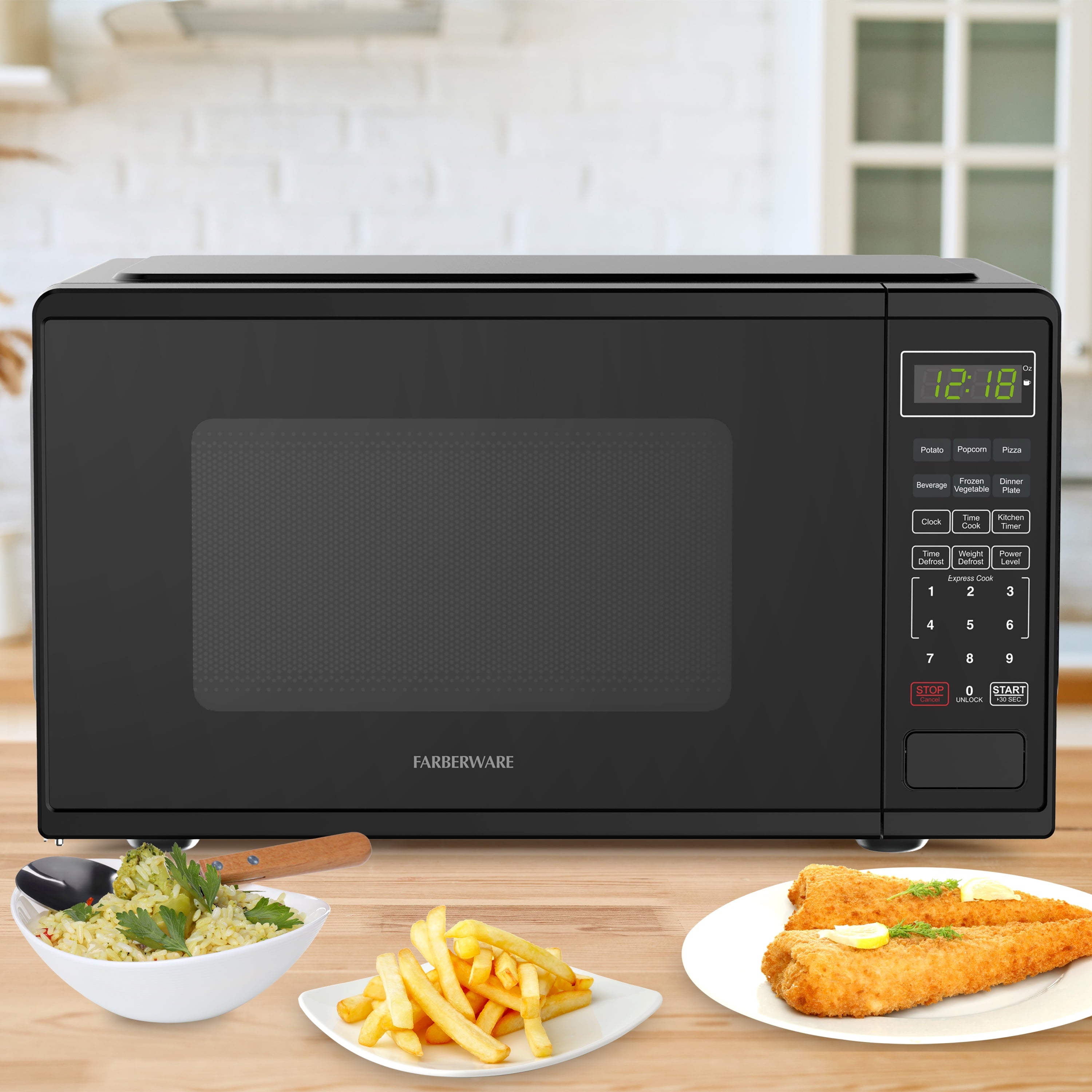 Farberware FMGZ09BKA 0.9 Cu. Ft. Microwave Oven, 900W, Digital Control, LED Display, 6 Cooking Presets, Black